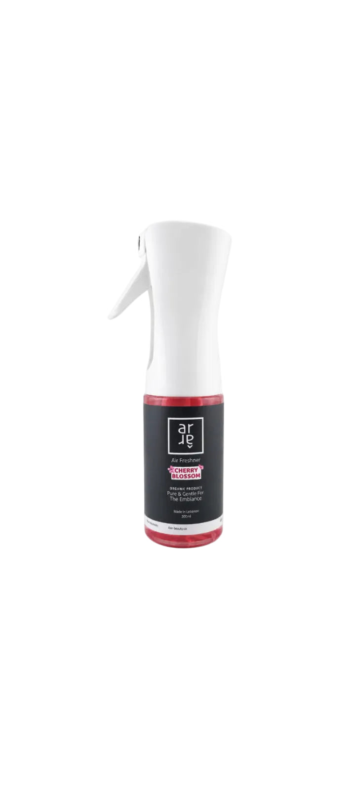 White spray bottle with a black label on a white background