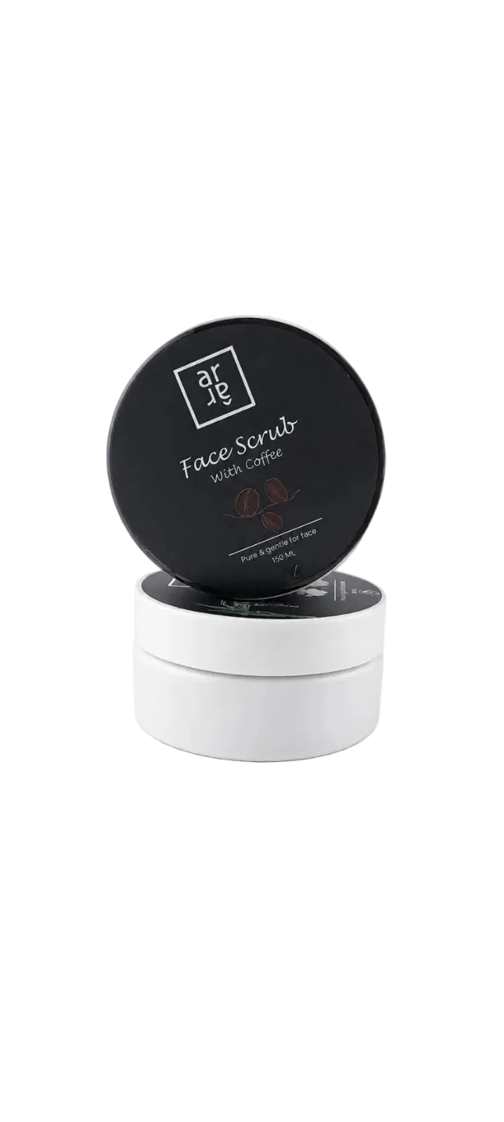 Face scrub container with black lid and white body on a white background