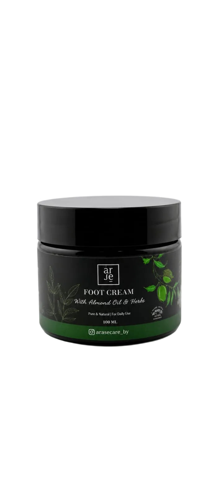 Foot cream jar with black lid and green label on a white background
