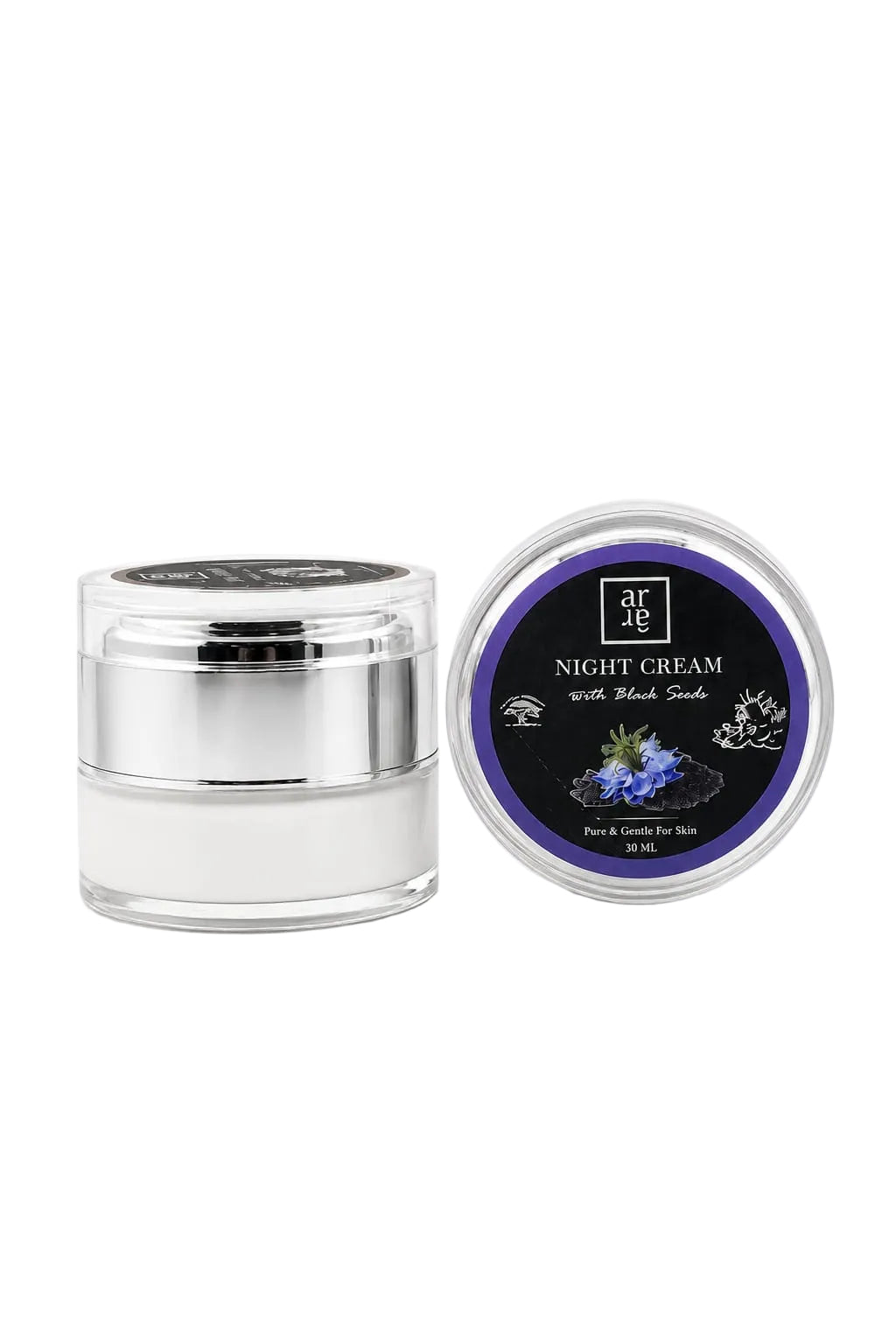 Jar of night cream with a purple label on a white background
