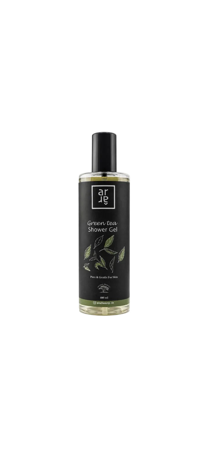 Green tea shower gel bottle with black label on a white background